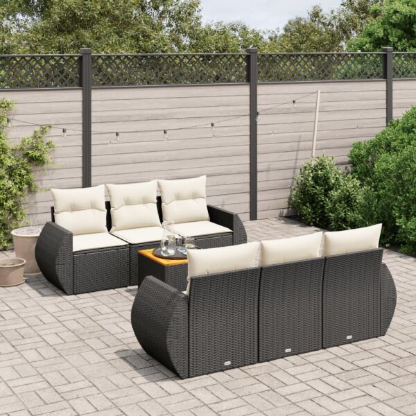 vidaXL 7-tlg. Garten-Sofagarnitur mit Kissen Schwarz Poly Rattan