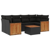 vidaXL 7-tlg. Garten-Sofagarnitur mit Kissen Schwarz Poly Rattan