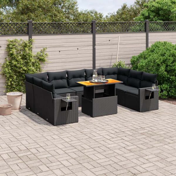 vidaXL 10-tlg. Garten-Sofagarnitur mit Kissen Schwarz Poly Rattan