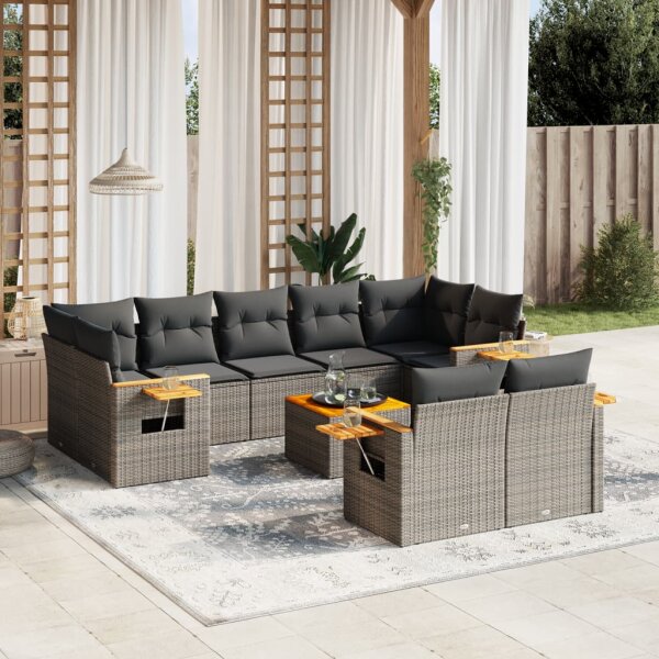 vidaXL 10-tlg. Garten-Sofagarnitur mit Kissen Grau Poly Rattan