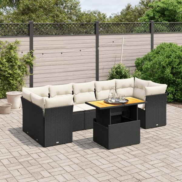 vidaXL 8-tlg. Garten-Sofagarnitur mit Kissen Schwarz Poly Rattan