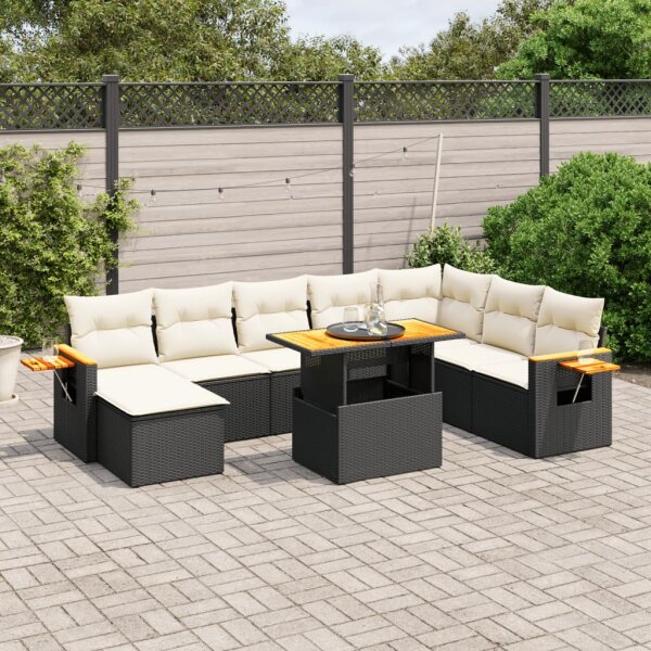 vidaXL 9-tlg. Garten-Sofagarnitur mit Kissen Schwarz Poly Rattan