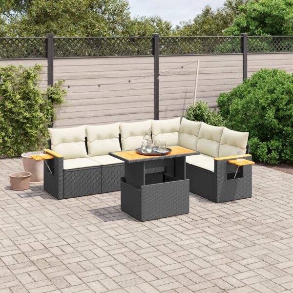 vidaXL 7-tlg. Garten-Sofagarnitur mit Kissen Schwarz Poly Rattan