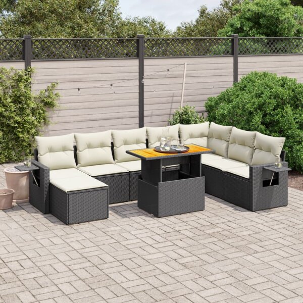 vidaXL 9-tlg. Garten-Sofagarnitur mit Kissen Schwarz Poly Rattan