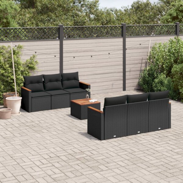 vidaXL 7-tlg. Garten-Sofagarnitur mit Kissen Schwarz Poly Rattan