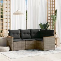 vidaXL 4-tlg. Garten-Sofagarnitur mit Kissen Grau Poly Rattan