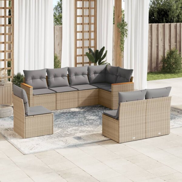 vidaXL 8-tlg. Garten-Sofagarnitur mit Kissen Beige Poly Rattan