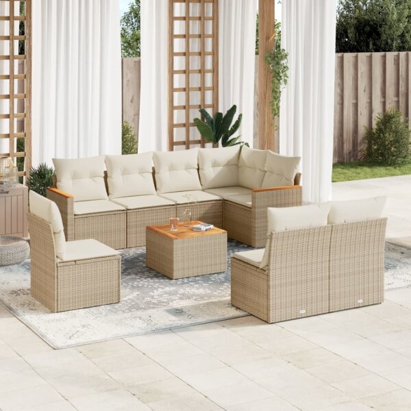 vidaXL 9-tlg. Garten-Sofagarnitur mit Kissen Beige Poly Rattan