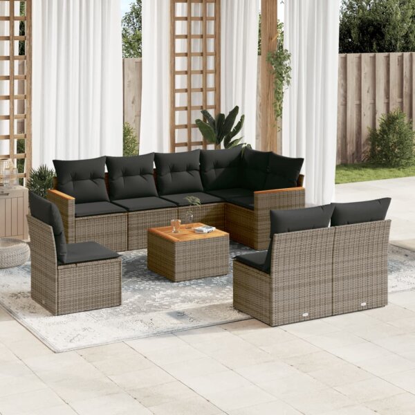 vidaXL 9-tlg. Garten-Sofagarnitur mit Kissen Grau Poly Rattan