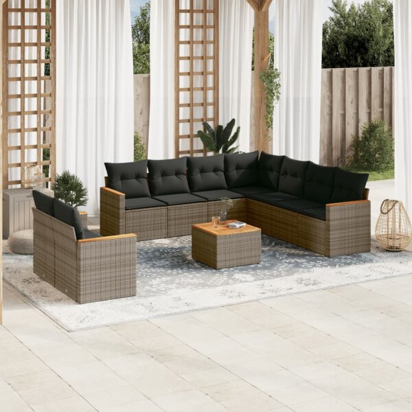 vidaXL 10-tlg. Garten-Sofagarnitur mit Kissen Grau Poly Rattan