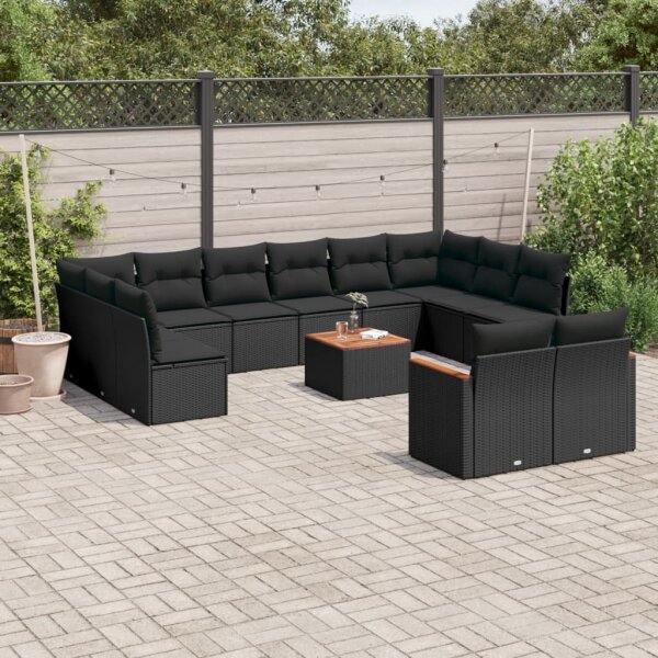 vidaXL 13-tlg. Garten-Sofagarnitur mit Kissen Schwarz Poly Rattan