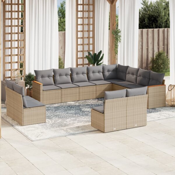 vidaXL 12-tlg. Garten-Sofagarnitur mit Kissen Beige Poly Rattan