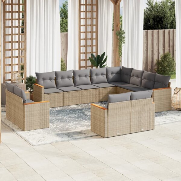 vidaXL 12-tlg. Garten-Sofagarnitur mit Kissen Beige Poly Rattan