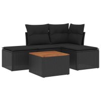 vidaXL 5-tlg. Garten-Sofagarnitur mit Kissen Schwarz Poly Rattan