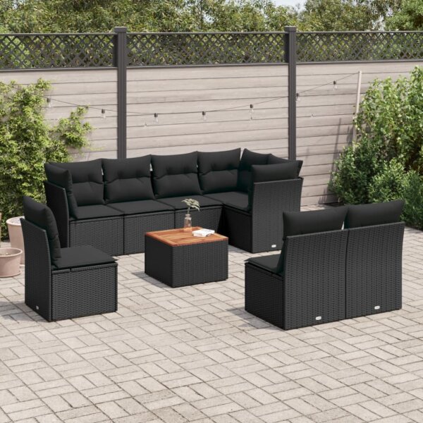 vidaXL 9-tlg. Garten-Sofagarnitur mit Kissen Schwarz Poly Rattan