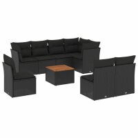 vidaXL 9-tlg. Garten-Sofagarnitur mit Kissen Schwarz Poly Rattan