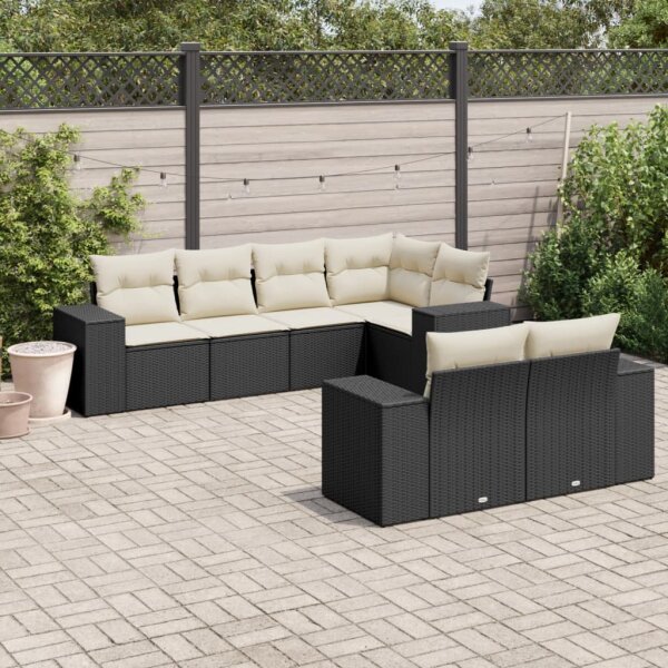 vidaXL 7-tlg. Garten-Sofagarnitur mit Kissen Schwarz Poly Rattan