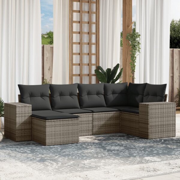 vidaXL 6-tlg. Garten-Sofagarnitur mit Kissen Grau Poly Rattan