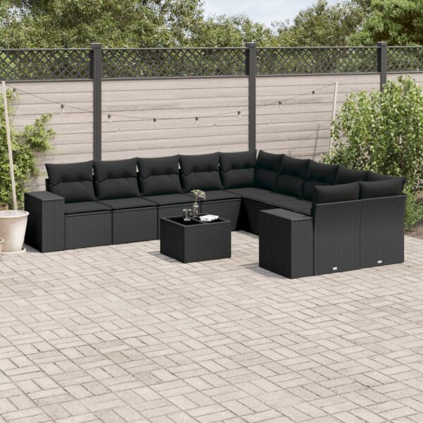 vidaXL 11-tlg. Garten-Sofagarnitur mit Kissen Schwarz Poly Rattan