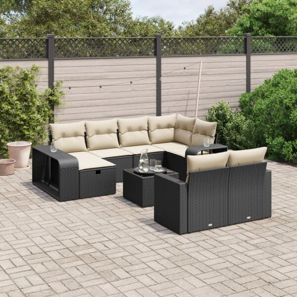 vidaXL 11-tlg. Garten-Sofagarnitur mit Kissen Schwarz Poly Rattan