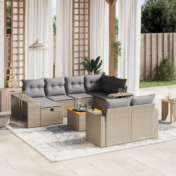 vidaXL 11-tlg. Garten-Sofagarnitur mit Kissen Beige Poly Rattan