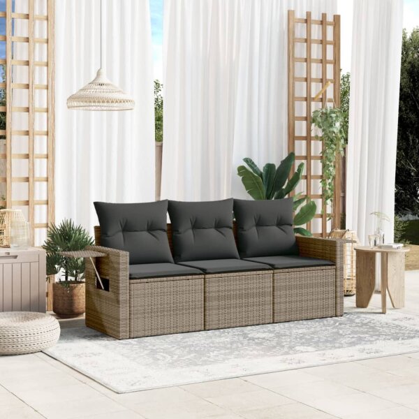 vidaXL 3-tlg. Garten-Sofagarnitur mit Kissen Grau Poly Rattan