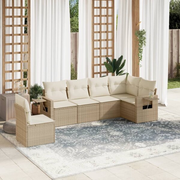 vidaXL 6-tlg. Garten-Sofagarnitur mit Kissen Beige Poly Rattan