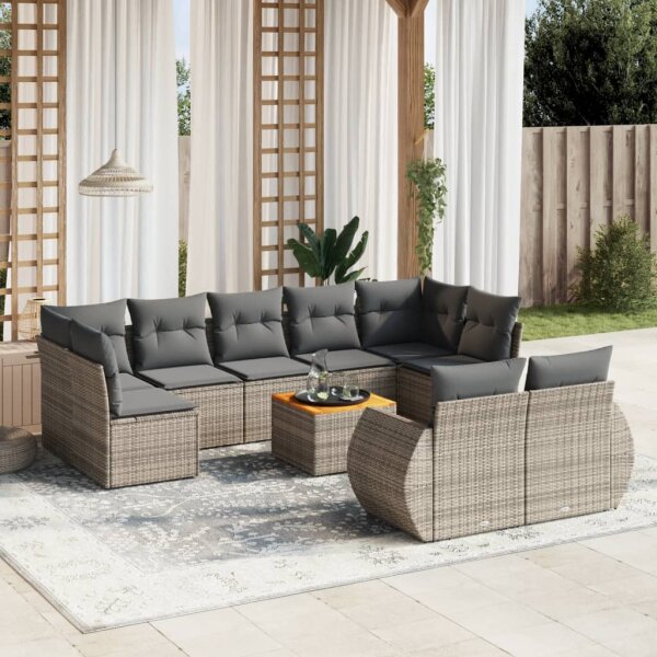 vidaXL 10-tlg. Garten-Sofagarnitur mit Kissen Grau Poly Rattan