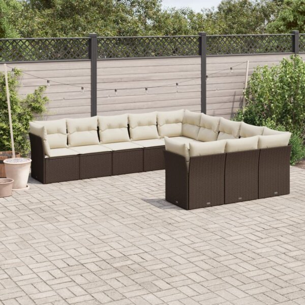 vidaXL 11-tlg. Garten-Sofagarnitur mit Kissen Braun Poly Rattan