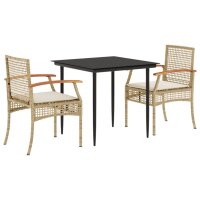 vidaXL 3-tlg. Garten-Essgruppe mit Kissen Beige Poly Rattan