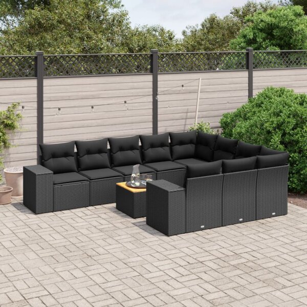 vidaXL 11-tlg. Garten-Sofagarnitur mit Kissen Schwarz Poly Rattan