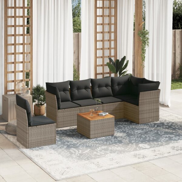 vidaXL 7-tlg. Garten-Sofagarnitur mit Kissen Grau Poly Rattan