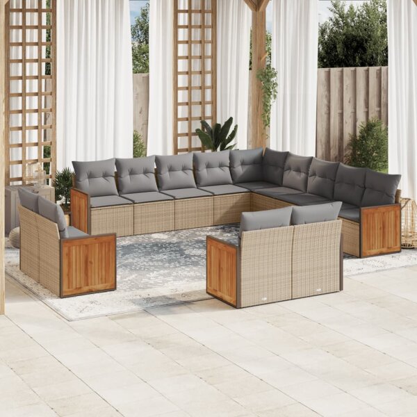 vidaXL 13-tlg. Garten-Sofagarnitur mit Kissen Beige Poly Rattan