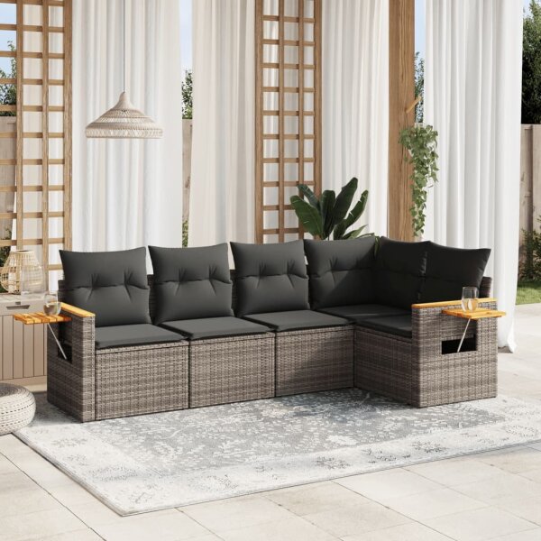 vidaXL 5-tlg. Garten-Sofagarnitur mit Kissen Grau Poly Rattan