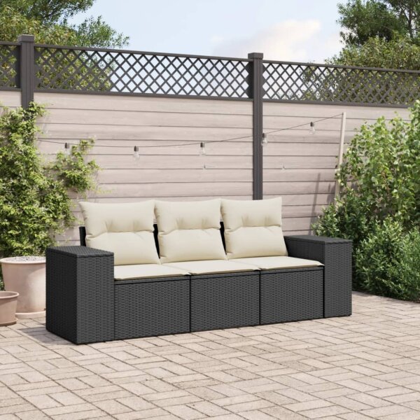 vidaXL 3-tlg. Garten-Sofagarnitur mit Kissen Schwarz Poly Rattan