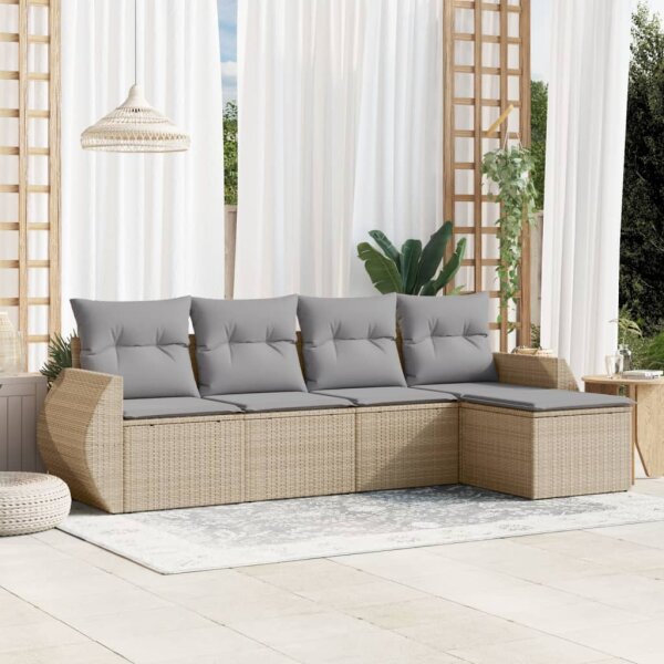 vidaXL 5-tlg. Garten-Sofagarnitur mit Kissen Beige Poly Rattan