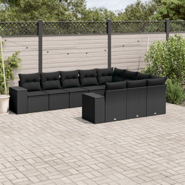 vidaXL 10-tlg. Garten-Sofagarnitur mit Kissen Schwarz Poly Rattan