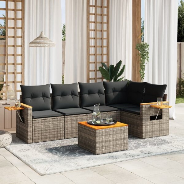 vidaXL 6-tlg. Garten-Sofagarnitur mit Kissen Grau Poly Rattan