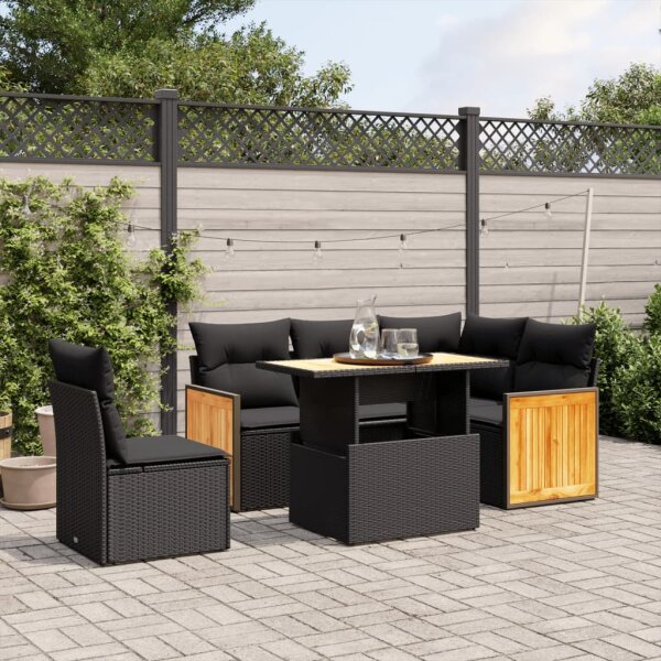 vidaXL 6-tlg. Garten-Sofagarnitur mit Kissen Schwarz Poly Rattan