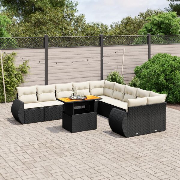 vidaXL 11-tlg. Garten-Sofagarnitur mit Kissen Schwarz Poly Rattan