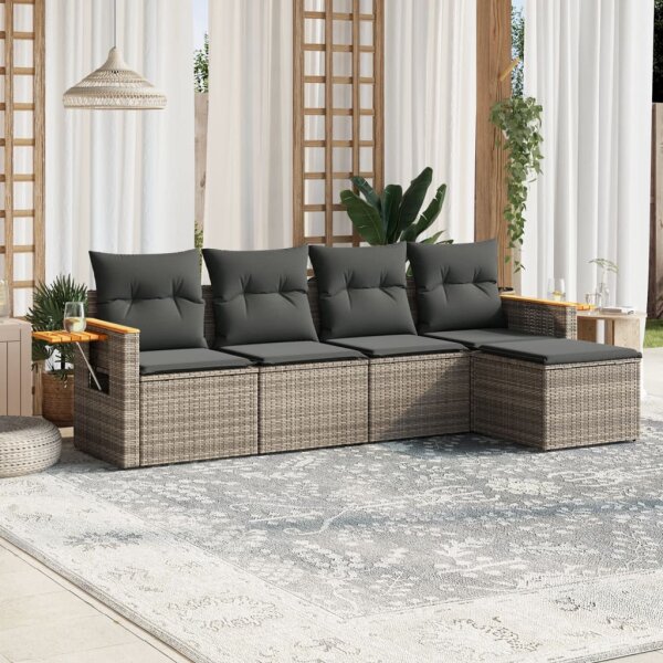 vidaXL 5-tlg. Garten-Sofagarnitur mit Kissen Grau Poly Rattan