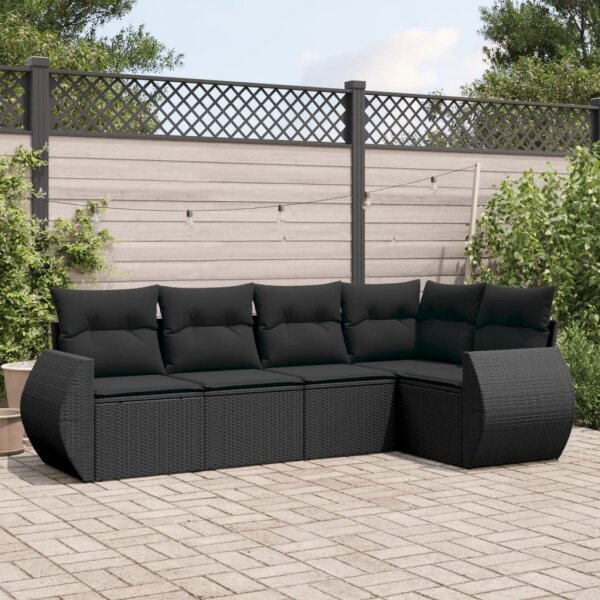 vidaXL 5-tlg. Garten-Sofagarnitur mit Kissen Schwarz Poly Rattan