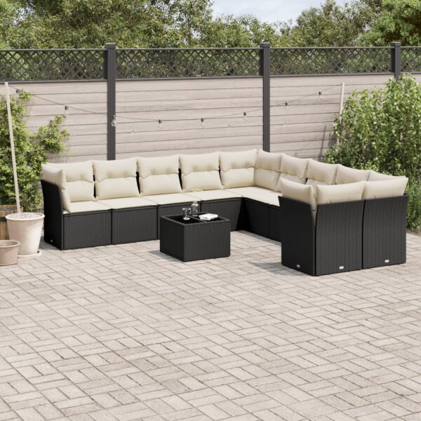 vidaXL 11-tlg. Garten-Sofagarnitur mit Kissen Schwarz Poly Rattan