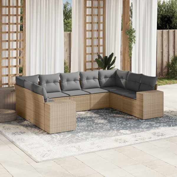 vidaXL 9-tlg. Garten-Sofagarnitur mit Kissen Beige Poly Rattan