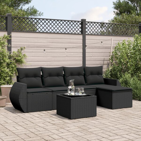 vidaXL 6-tlg. Garten-Sofagarnitur mit Kissen Schwarz Poly Rattan