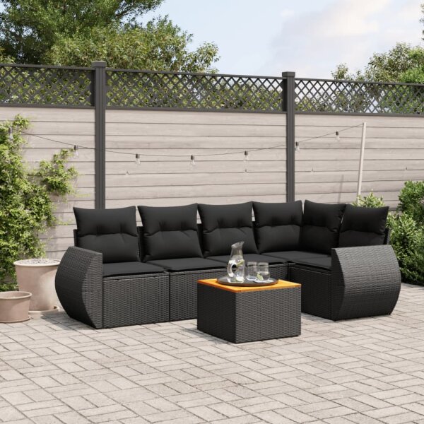 vidaXL 6-tlg. Garten-Sofagarnitur mit Kissen Schwarz Poly Rattan