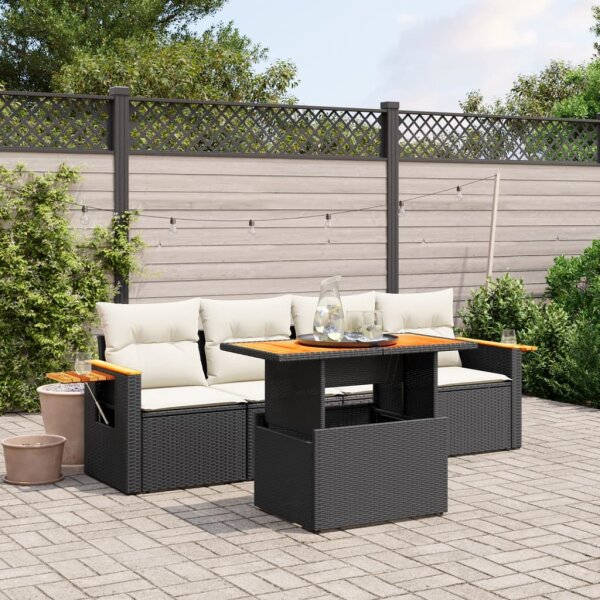 vidaXL 5-tlg. Garten-Sofagarnitur mit Kissen Schwarz Poly Rattan