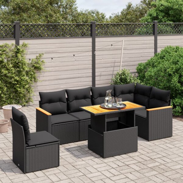 vidaXL 7-tlg. Garten-Sofagarnitur mit Kissen Schwarz Poly Rattan