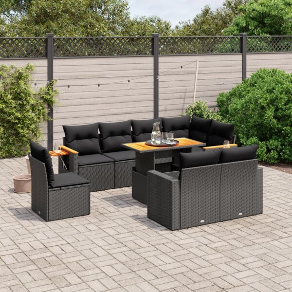 vidaXL 9-tlg. Garten-Sofagarnitur mit Kissen Schwarz Poly Rattan