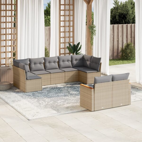 vidaXL 9-tlg. Garten-Sofagarnitur mit Kissen Beige Poly Rattan